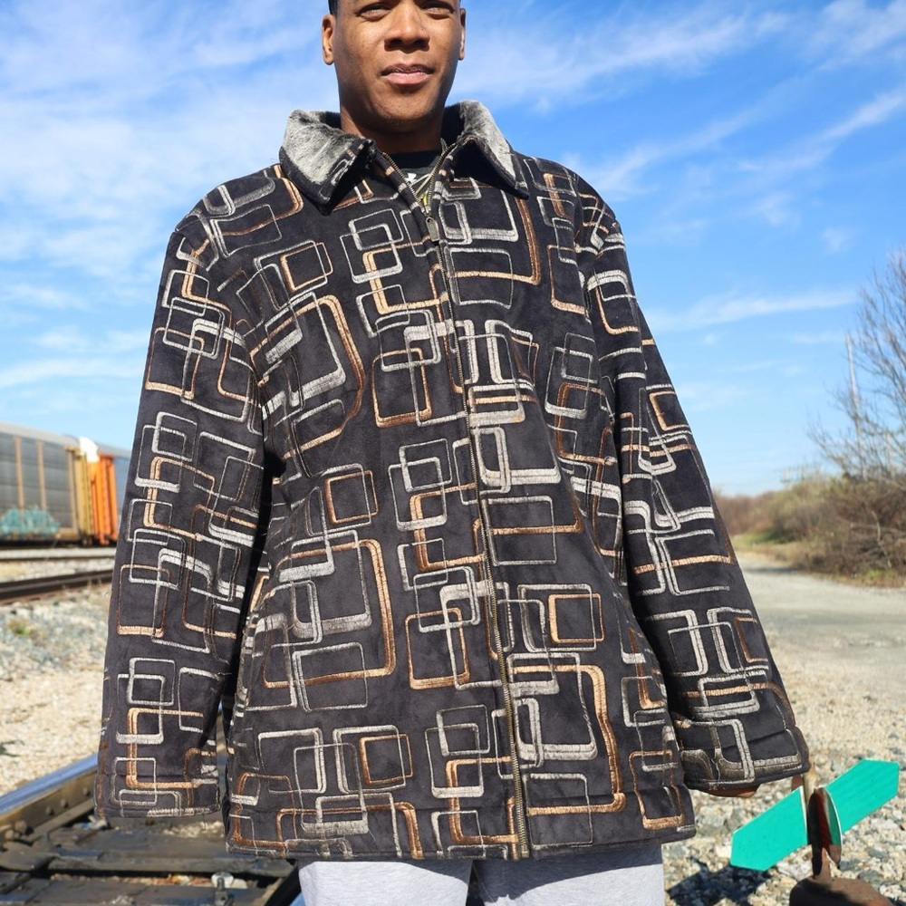 Geometric Patterned Black and Brown Men's Jacket